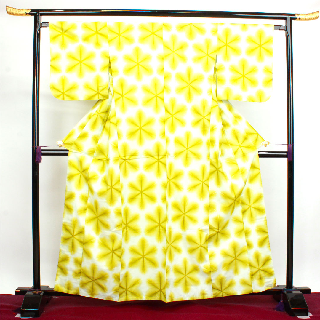 (New, unused item) Yukata, Yukihana-shibori, with basting thread, unused item, Habu-iro, Asanoha, Board-jime-shibori, Cotton, NEW rank, Single layer, Length 162cm, Sleeve length 65.5cm, Yellow, 1118003911423