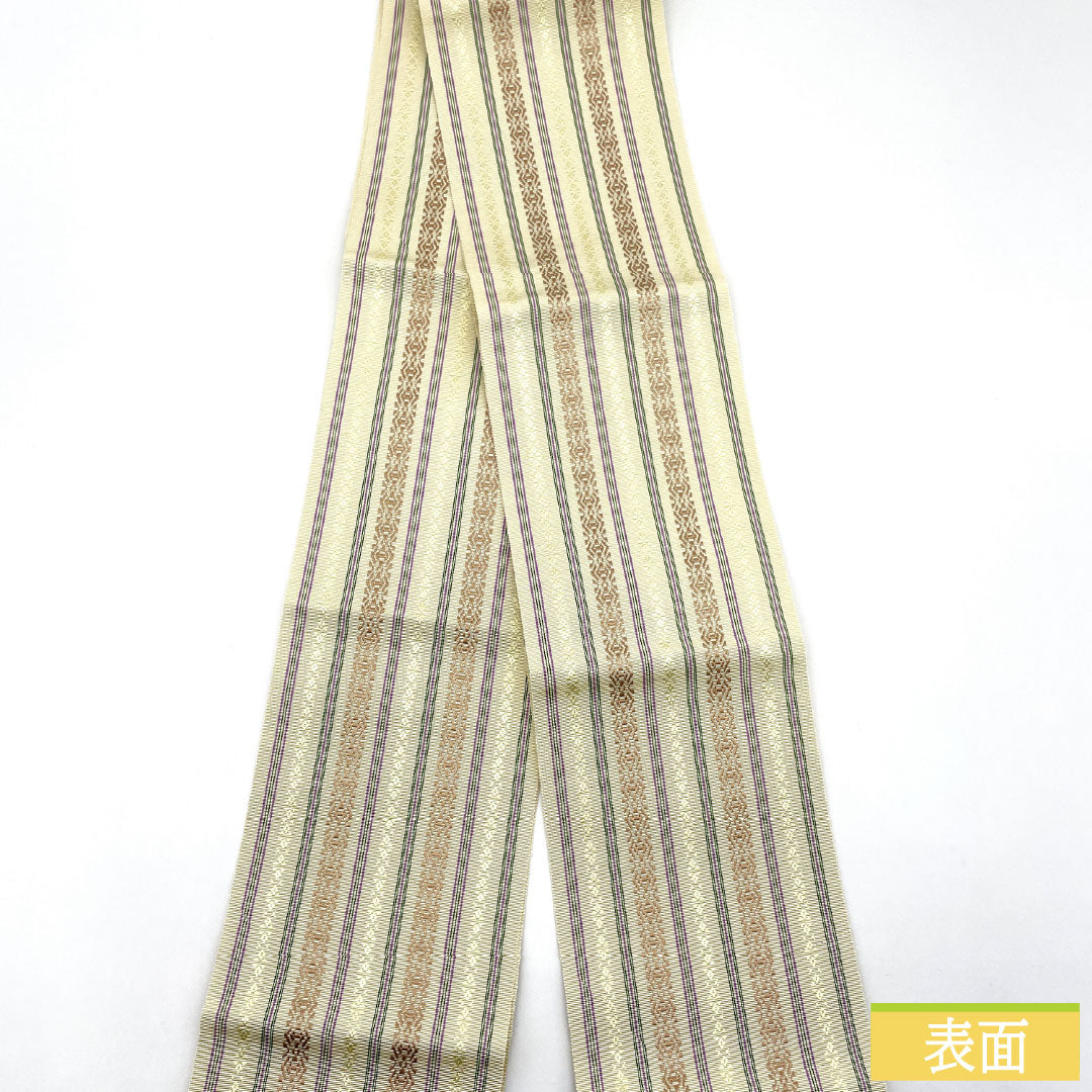 【未仕立】半幅帯 正絹 NEWランク 薄卵色（うすたまごいろ） 本場筑前博多織 献上柄 独鈷 孝行縞 華皿 帯丈380cm 黄系 1125001881323