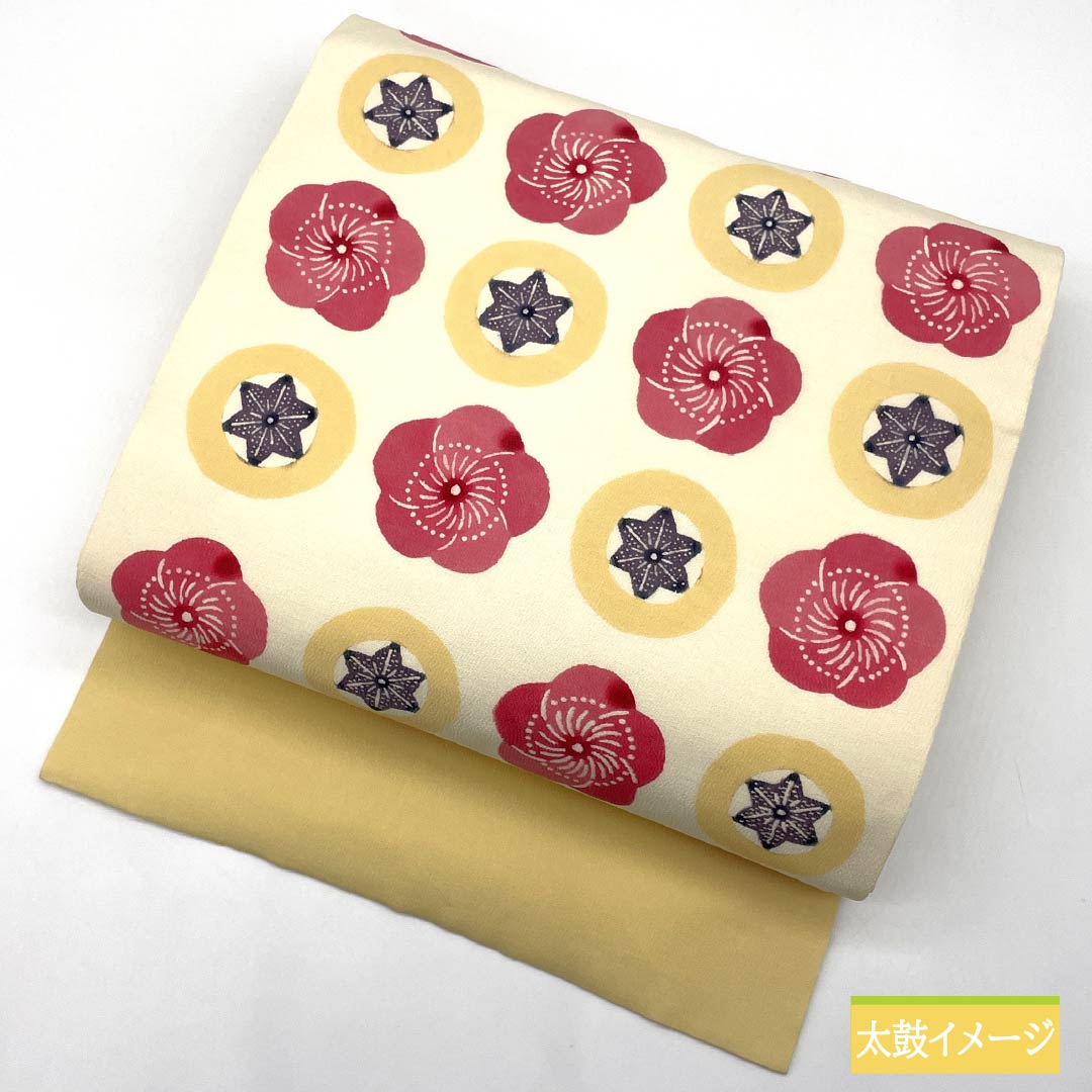 Nagoya obi, natural color (kinariiro), stencil-dyed, crepe fabric, twisted plum, obi length 360cm, pure silk, S rank, full length, casual, cream color, 1124007702315, Nagoya style