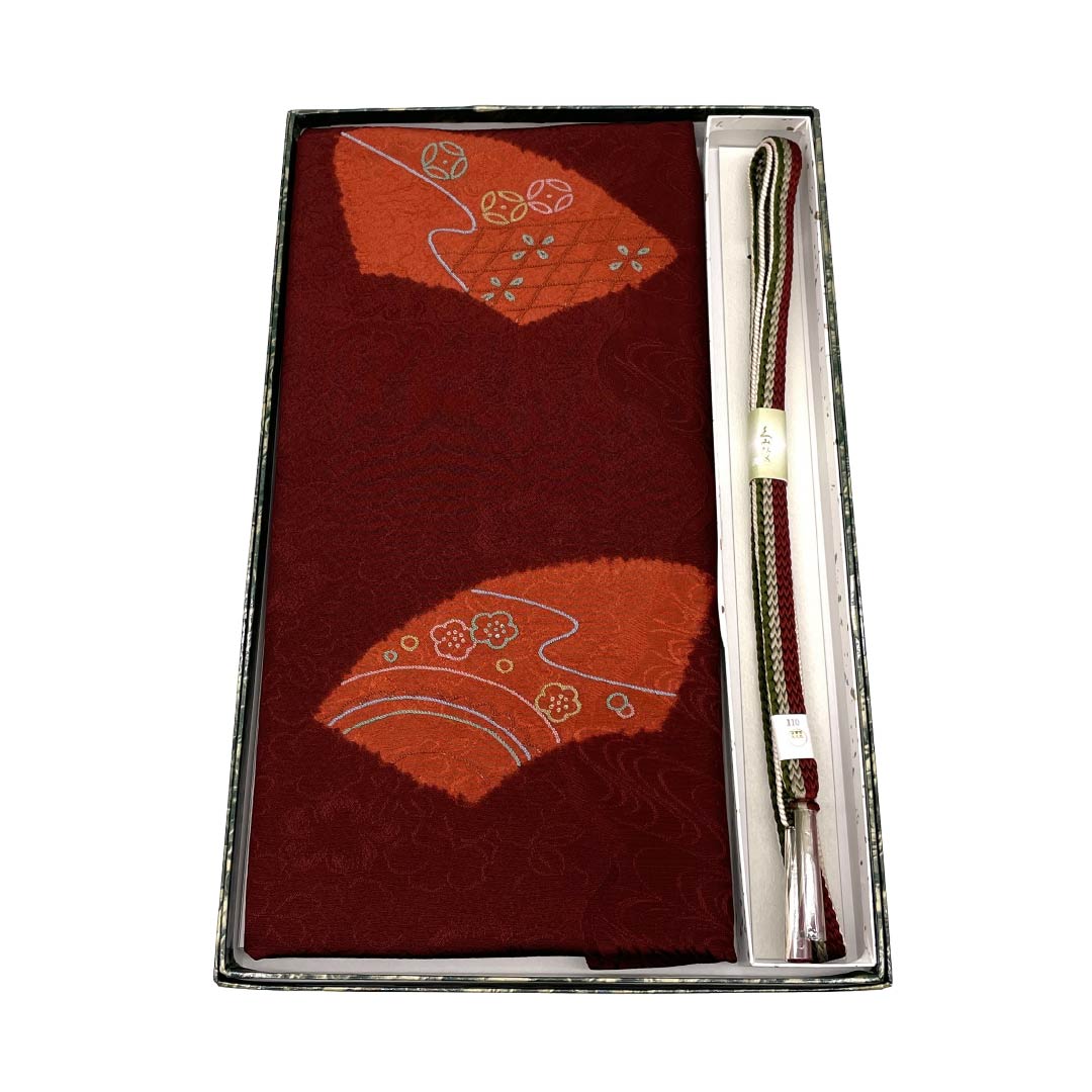 （新古品） 帯締め・帯揚げセット 正絹 NEWランク 紅海老茶色（べにえびちゃいろ） 渡敬謹製 古典柄 扇 長さ約164cm 幅約1.5cm カジュアル 茶系 1141000601314