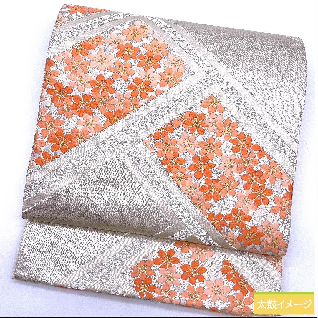 Silver Fukuro Obi, Cherry Blossom, Sayagata, Length 416cm, Pure Silk, S Rank, Six-way, Formal, Silver, 1123010282322