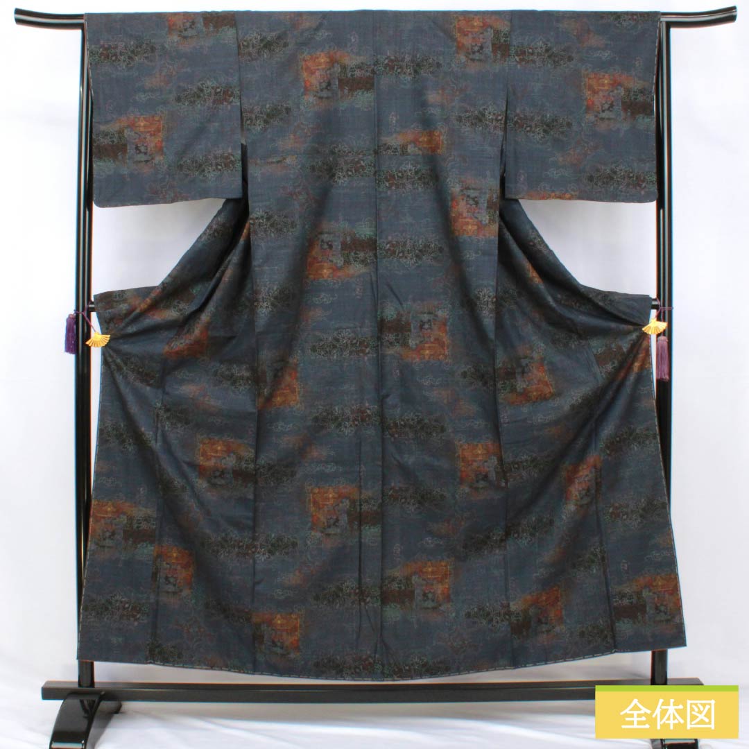 紬 正絹 Sランク 身丈157cm 裄丈65.5cm 燻色（ふすべいろ） 大島紬 一元絣 抽象模様 袷 紺系 1116004782318