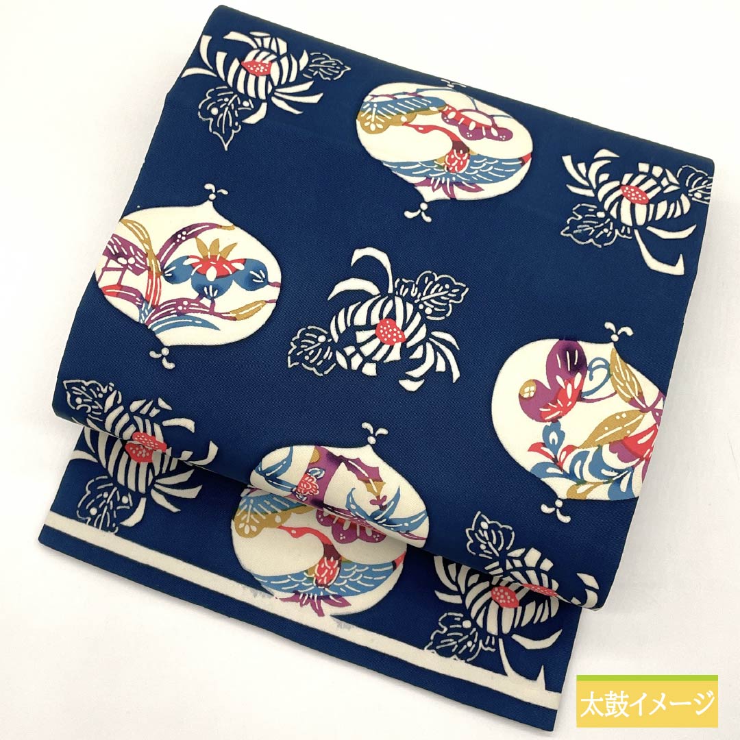 Nagoya obi, deep indigo, Kyoto Bingata, floral pattern, crane, obi length 353cm, pure silk, S rank, full length, casual, navy blue, 1124007252318, Nagoya style