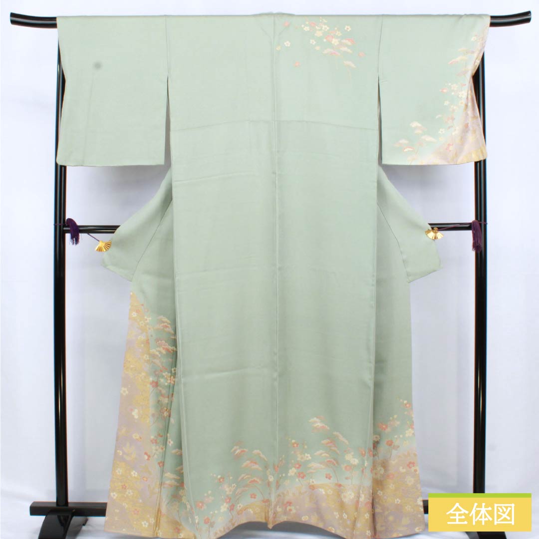訪問着 正絹 Sランク 袷 身丈161cm 裄丈64cm 百緑色（びゃくろくいろ） 京友禅 草花 三松シルクケア 緑系 1112006222419