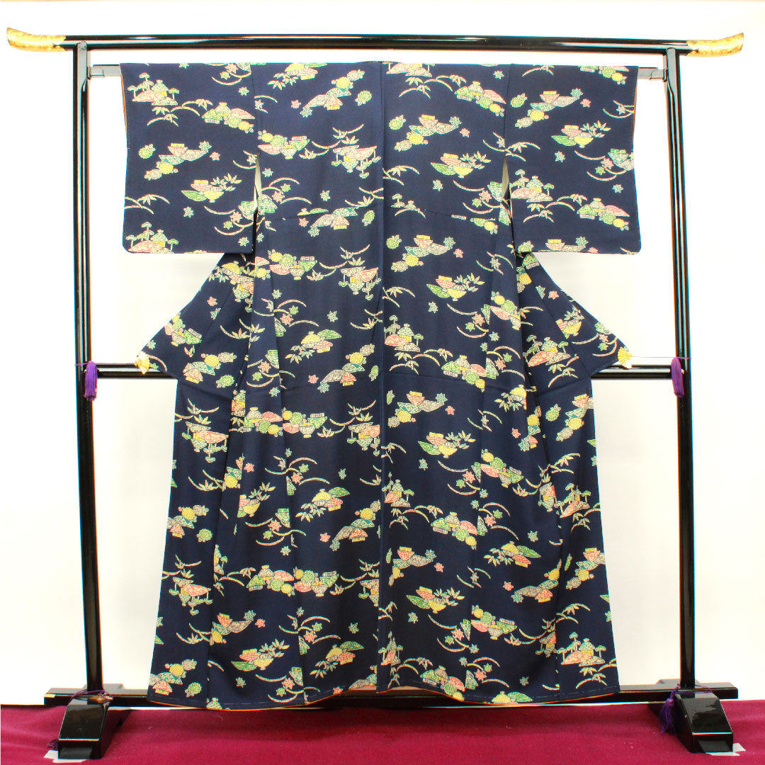 小紋 身丈155cm 裄丈63cm 袷  濃紺色 型染  正絹 Aランク 紺系 1115002983318