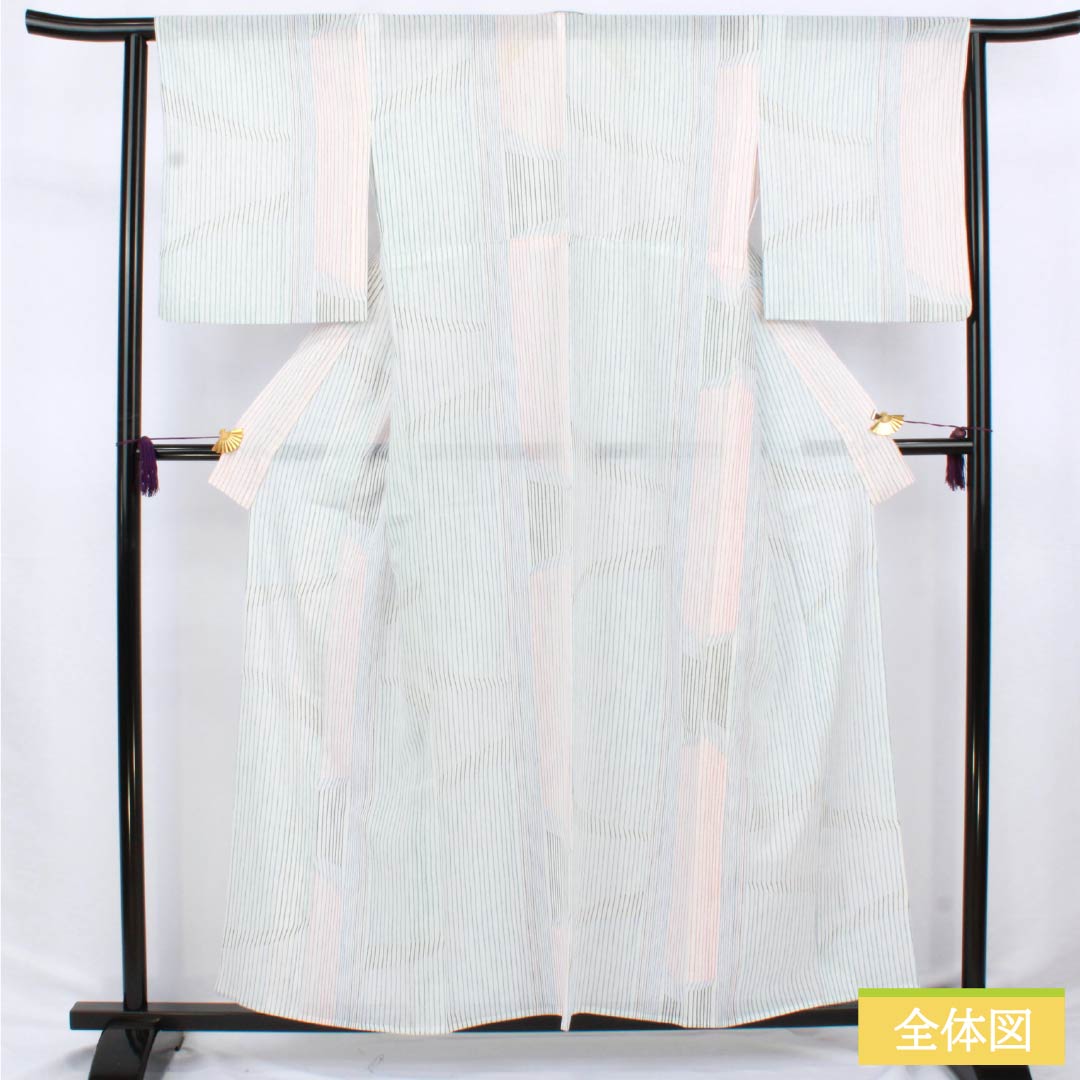 Summer polyester komon kimono, length 157.5cm, sleeve length 64.5cm, striped, washable, embroidered, gauze, S rank, white, 1132002552311