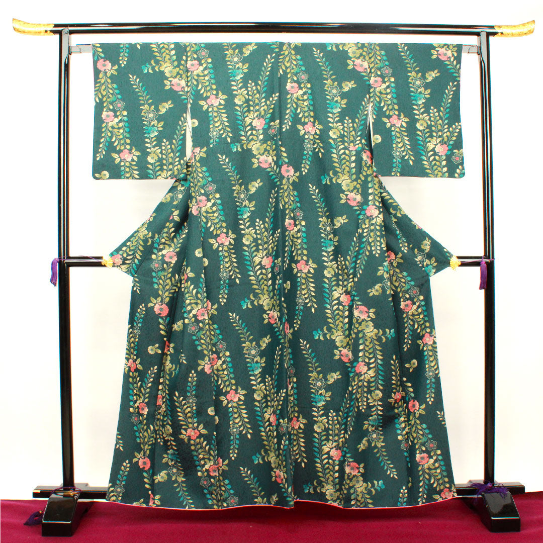 小紋 身丈161cm 裄丈64.5cm 袷  鉄色 洗える着物 辻ヶ花  ポリ Sランク 緑系 1115002612419