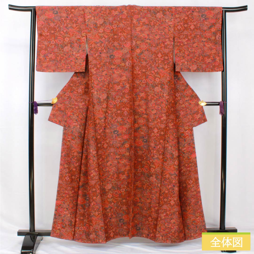 Komon, pure silk, length 159.5cm, sleeve length 64cm, lined, scarlet brown, stencil dyeing, chintz pattern, with basting thread, S rank, brown, 1115005012314