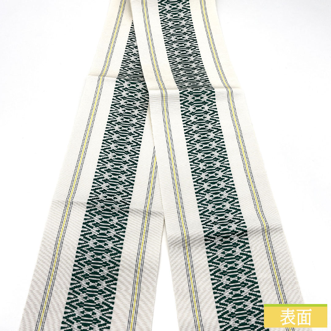 [Unstitched] Half-width Obi, Pure Silk, NEW Rank, Milky White, Authentic Chikuzen Hakata-ori, Kenjo Pattern, Dokko, Koko Stripes, Obi Length 380cm, White Tones, 1125001851311