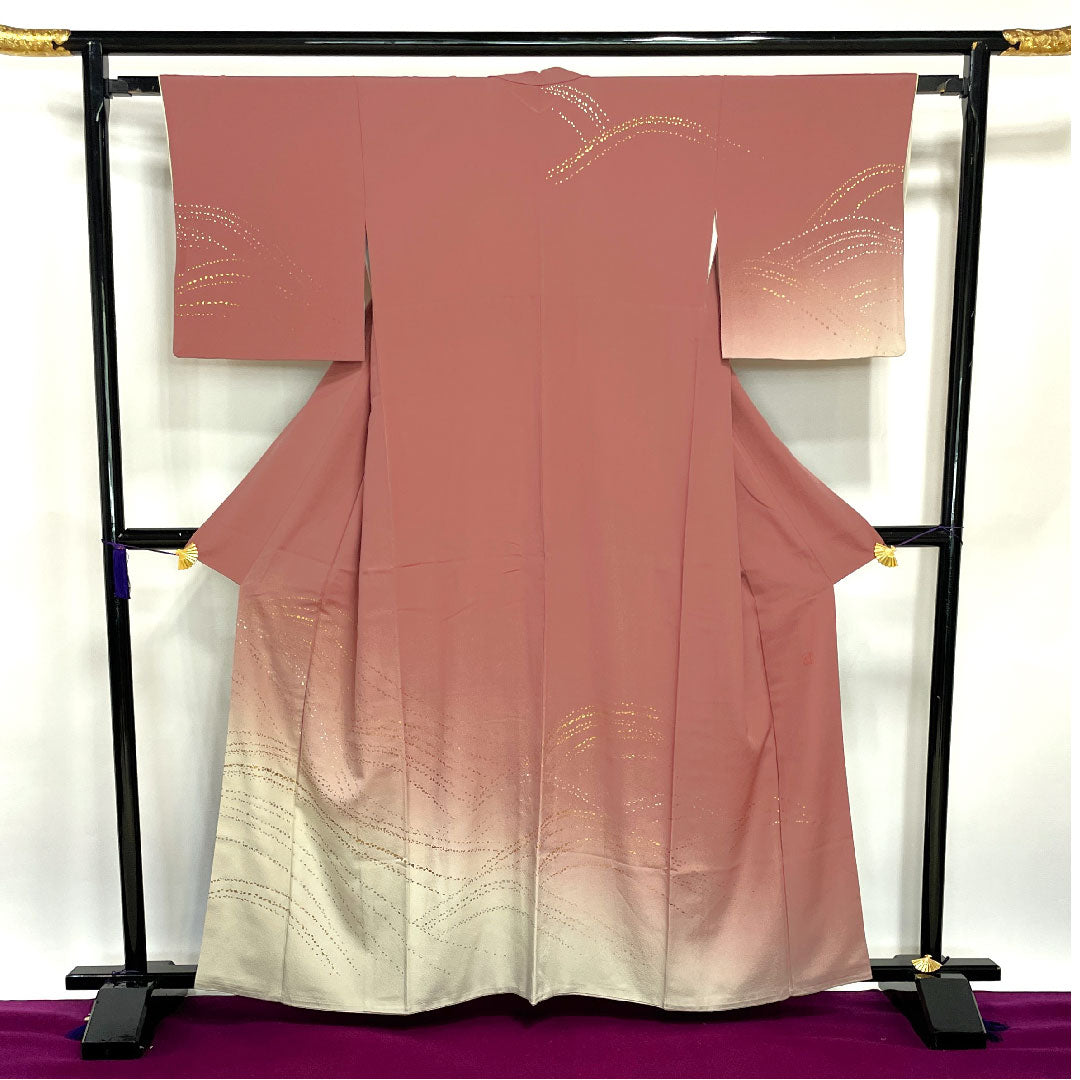 Homongi (formal kimono) Length 161.5cm Sleeve length 62.5cm Light purple Living national treasure Fukuda Yoshishige Abstract pattern Gold leaf finish Pure silk S rank Pink 1112002002413