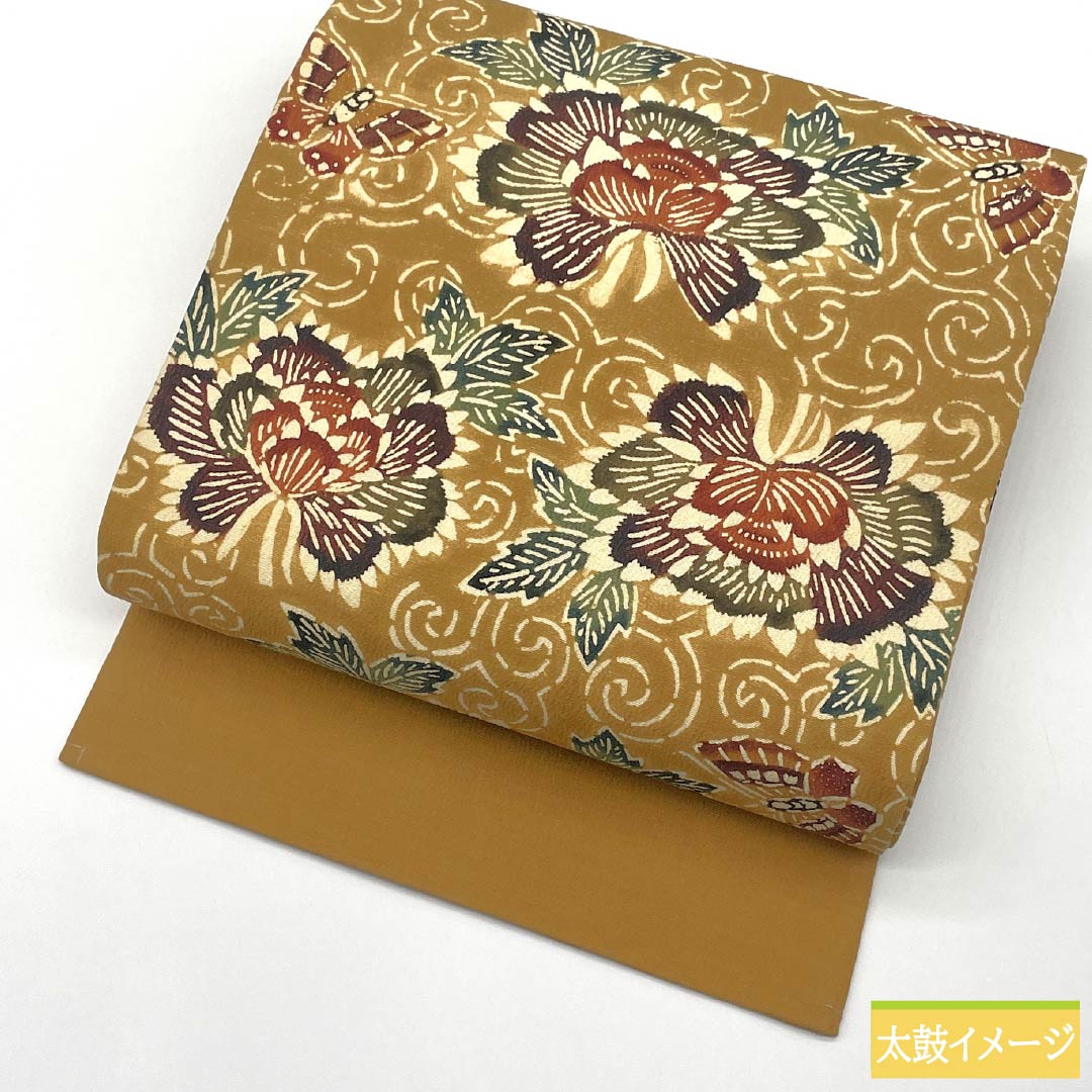 Nagoya Obi, Pure Silk, Grade A, Biwachairo (Biwa-chairo), Kyoto Bingata Design, Peony and Butterfly Design, Length 355cm, Six-Ply, Casual, Beige, Product Number 1124009273325, Nagoya Style