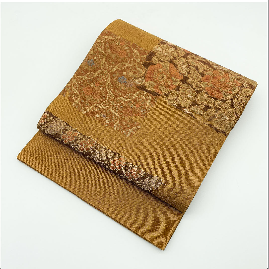 Fukuro Obi (Fragrance Dyeing) Flower Pattern Obi Length 420cm Pure Silk S Rank Point Pattern Casual Brown 1123005152314