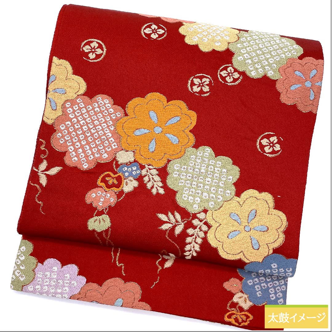 Fukuro Obi (Bag) in Red Silk (Momiiro) Classical Pattern, Floral Pattern, Length 434cm, Pure Silk, S Rank, Six-way, Casual, Red, 1123009682312