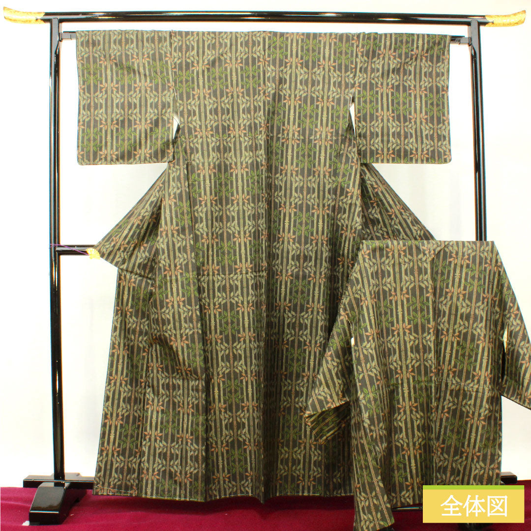 Murayama Oshima, pure silk, length 162.5cm, sleeve length 65.5cm, ensemble, bamboo pattern, basting thread included, unused, S rank, lined, black, 1116003252410