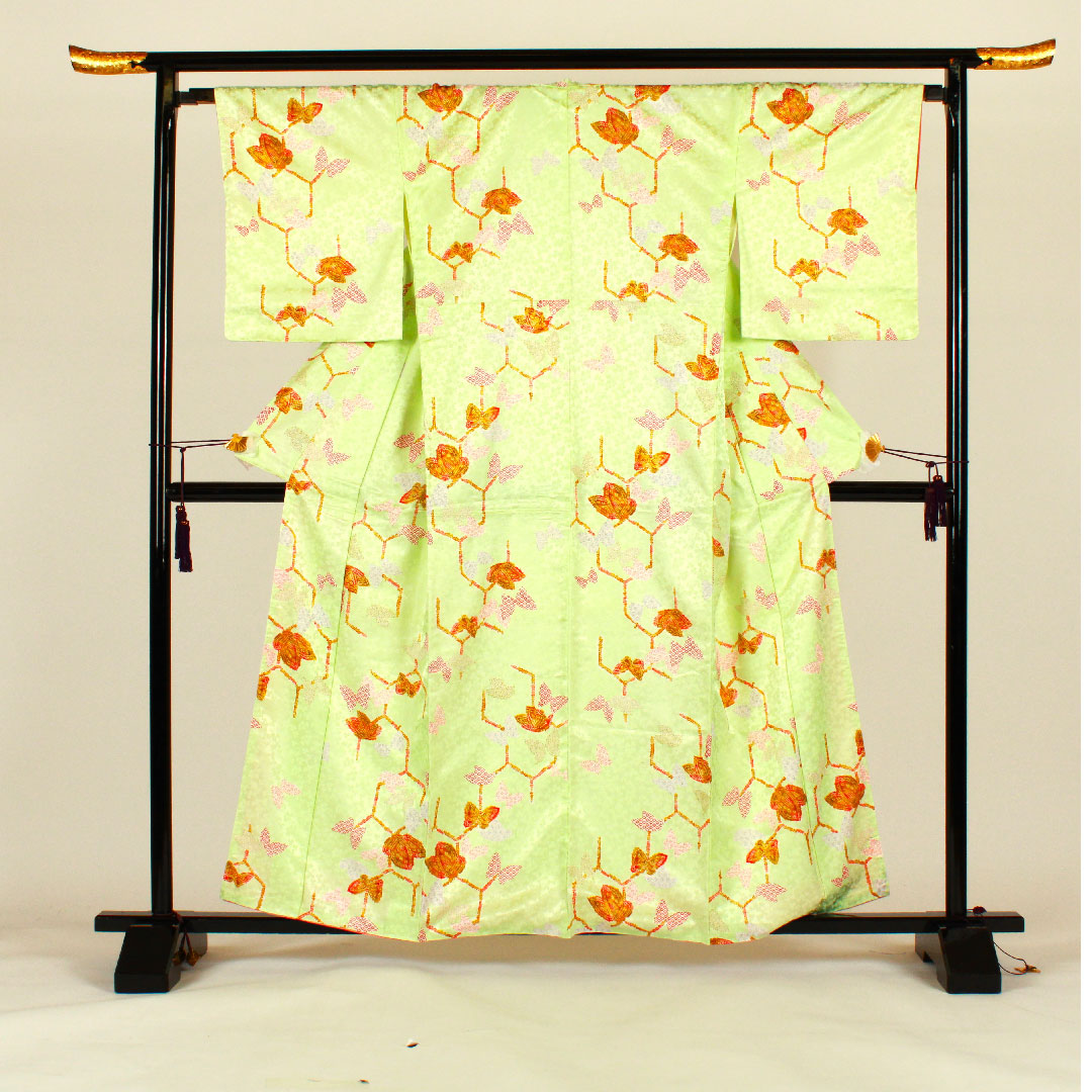 Small pattern, Length 161cm, Sleeve length 66cm, Awase, Butterfly and tortoiseshell pattern, Washable kimono, Polyester, B rank, Green, 1115001014319