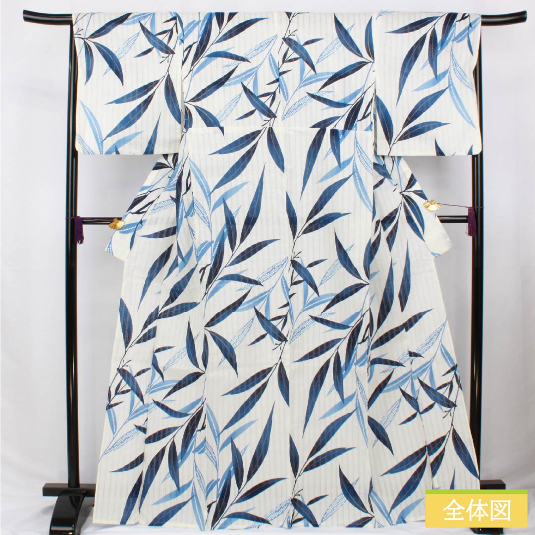 Cotton Yukata, Length 167cm, Sleeve Length 67cm, S Rank, Single Layer, Milky White, Grass Leaf Pattern, 1118006632511