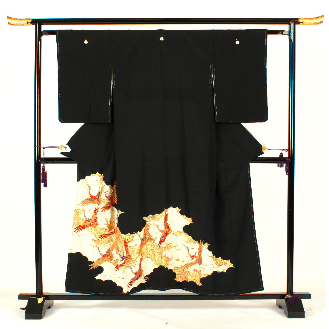 Black Tomesode, Length 155.5cm, Sleeve Length 61.5cm, Awase, Kyo-Yuzen, Crane, Katabami, Pure Silk, B Rank, Five Crests, Black, 1111000344310