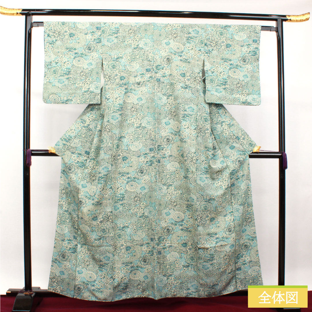 小紋 ポリエステル 身丈160.5cm 裄丈63.5cm 袷  卯の花色 型染 菊 竹 洗える着物  Sランク 白系 1115003752411