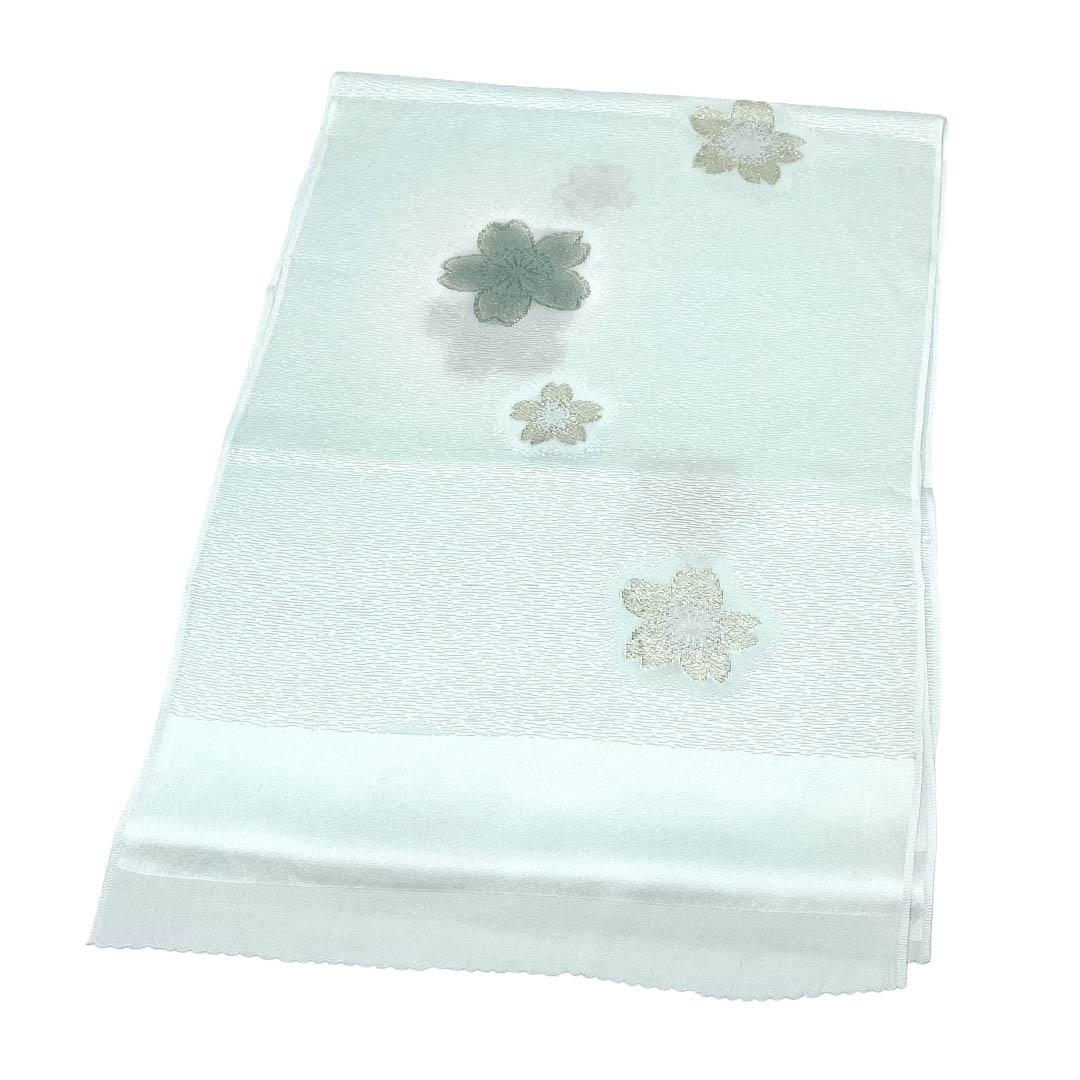 帯揚げ 正絹 Sランク セミフォーマル 青白磁色（せいはくじいろ） 桜 花柄 古典柄 長さ約178cm 幅約30cm 緑系 1136003882919