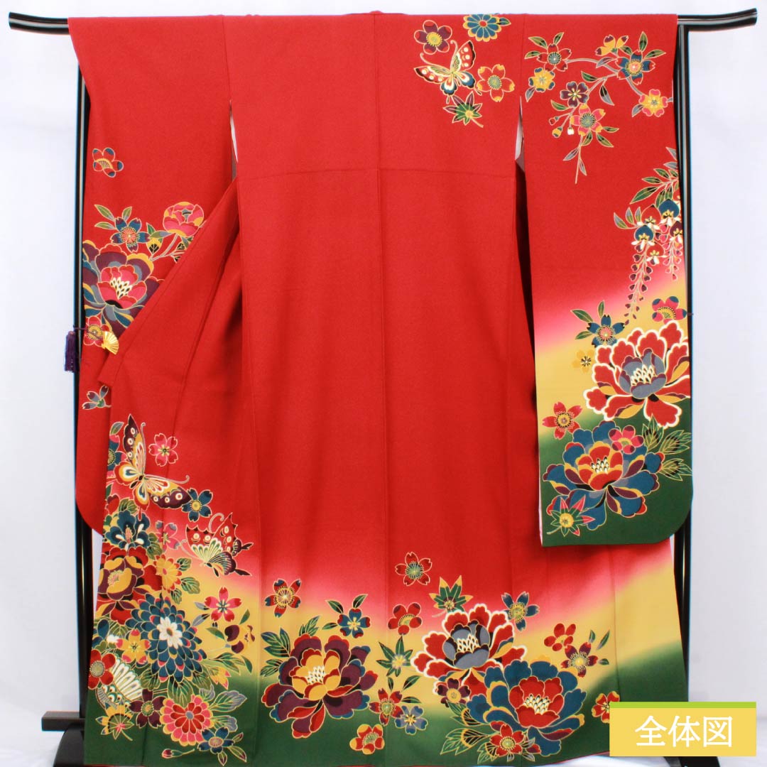 Kimono (Furisode) - Silk - S Rank - Length: 167cm, Sleeve-to-sleeve: 68cm - Lined - Pomegranate Red - Kyo-Bingata - Auspicious Patterns - Butterflies, Cherry Blossoms, Chrysanthemums - Red Tones - 1113002772512