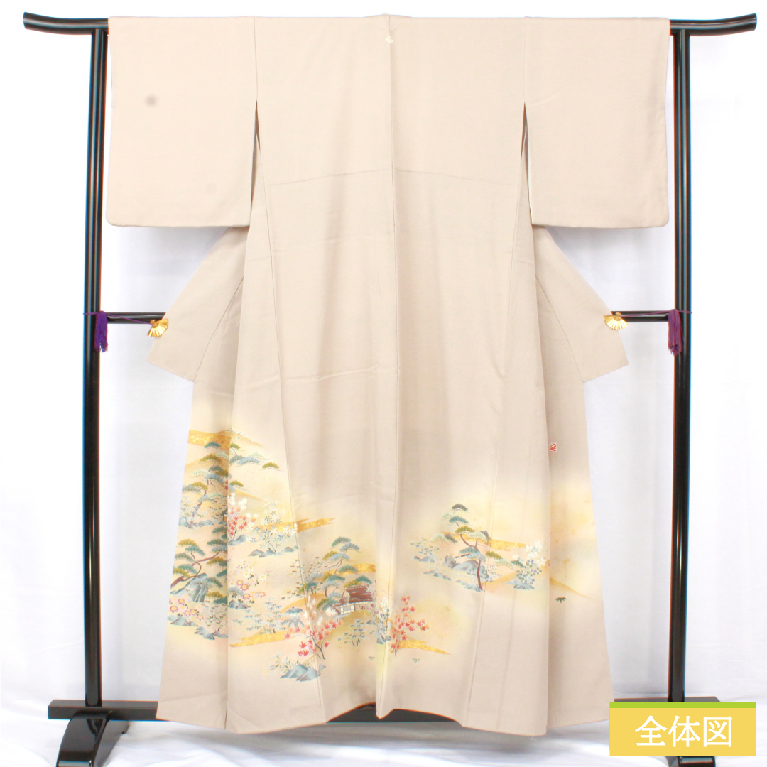 色留袖 正絹 身丈157cm 裄丈63cm 袷 白茶色（しらちゃいろ） 京友禅 作家物 銀閣寺 五つ紋 木瓜 Aランク ベージュ系 1111001553325