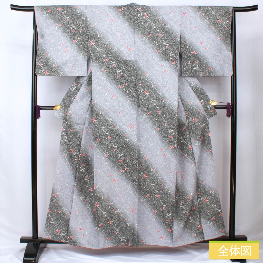 Komon (small pattern) kimono, polyester, length 159.5cm, sleeve length 65cm, lined, blue-gray (seitainezuiro) dyed with a plant pattern, washable, includes basting thread, S rank, gradient pattern, product number 1115005882399