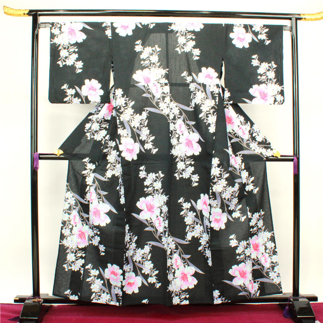 Yukata Peony Cotton S Rank Single Layer Length 158cm Sleeve Length 67.5cm Black 1118002112310