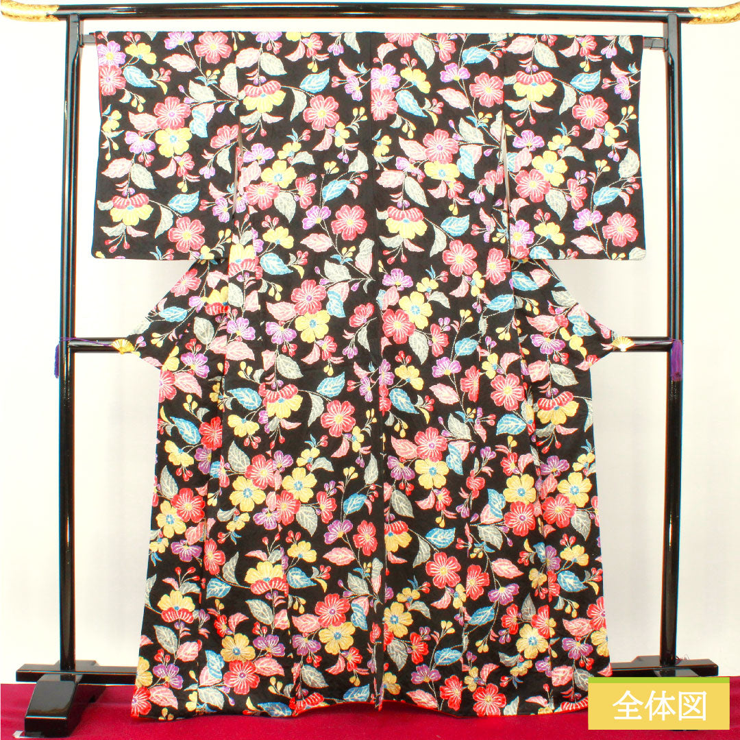 小紋 正絹 身丈165.5cm 裄丈67cm 袷 絞り 草花模様 Sランク 黒系 1115004472510