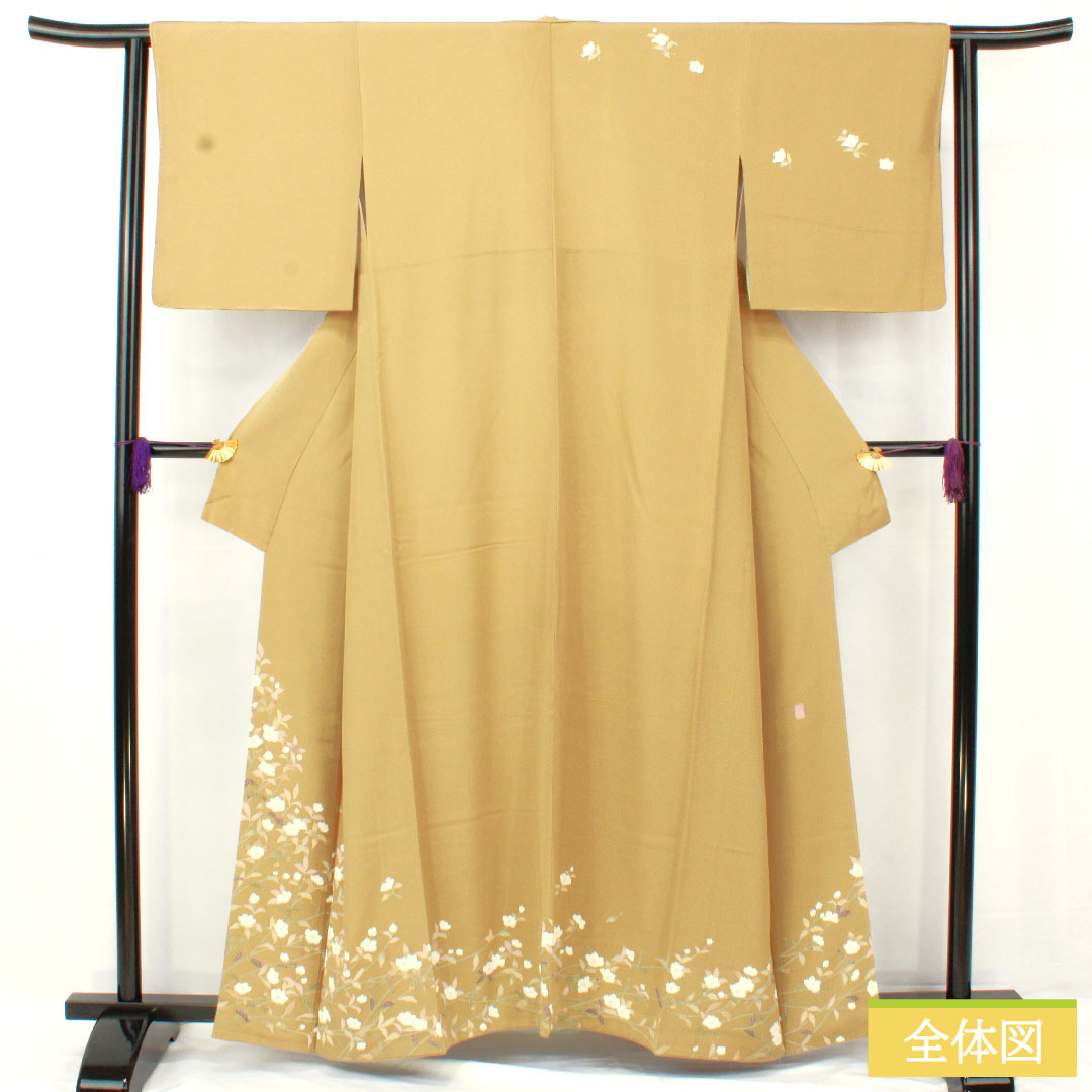 Homongi, pure silk, lined, length 159cm, sleeve length 62cm, yamamomoiro (Japanese plum color), Kyo-Yuzen, camellia, S rank, yellow, 1112005232323