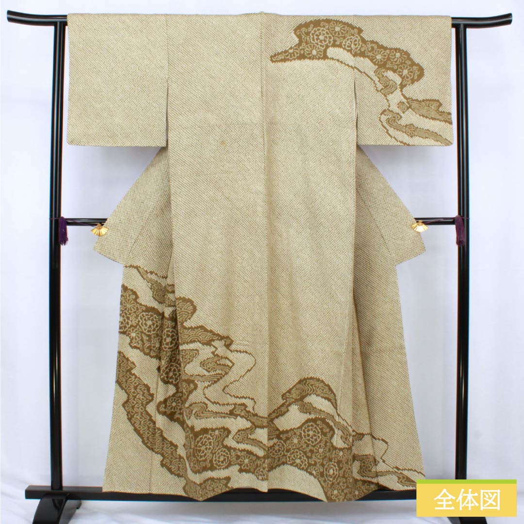 Homongi (formal formal wear), pure silk, A-rank, lined, length 153cm, sleeve length 62.5cm, Senzai-chairo (Chrysanthemum and Flowing Water) pattern, with basting threads, green, product number 1112006753219