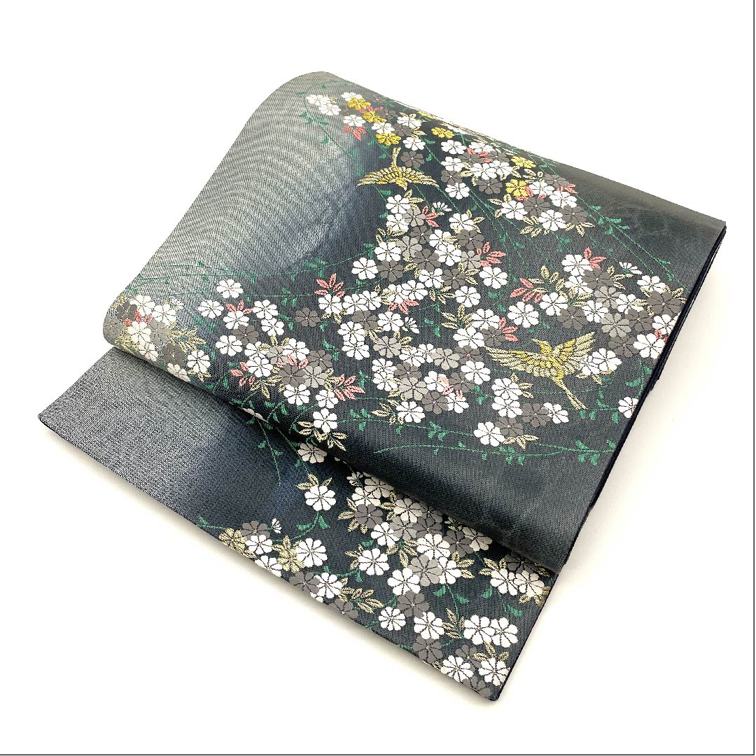 Fukuro Obi (Bag) in Noshime-iro (colored wrapping paper) with cherry blossoms, cranes and flowing water, obi length 430cm, pure silk, A rank, six-way, formal, gray, 1123002923322