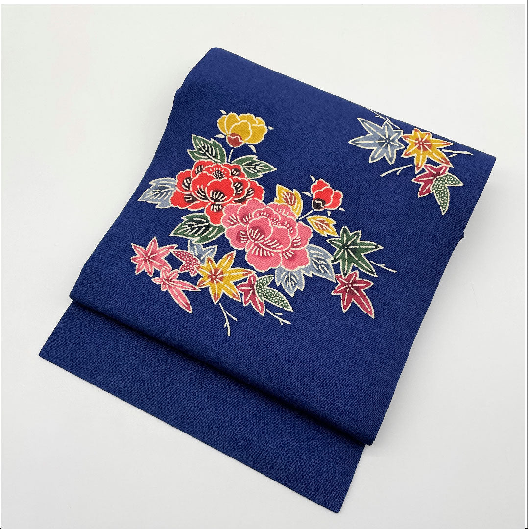 名古屋帯 深縹色 紅葉 菊 作家物 京紅型 帯丈332.5cm 正絹 Sランク ポイント柄 カジュアル 青系 1124002952317  名古屋仕立て