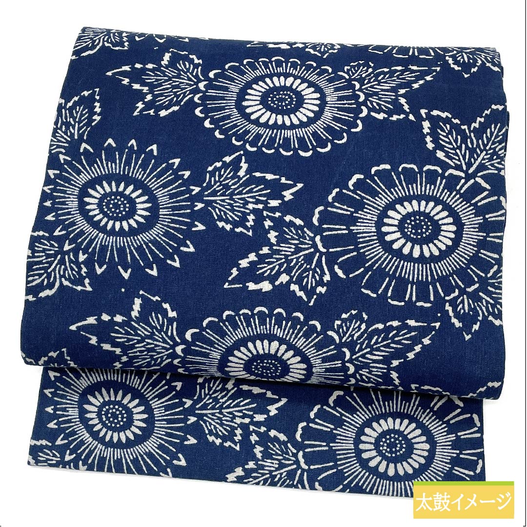 Nagoya obi, pure silk, navy blue, stencil dyeing, floral pattern, obi length 349cm, S rank, six-pass, casual, navy blue, 1124006272318, Nagoya tailoring