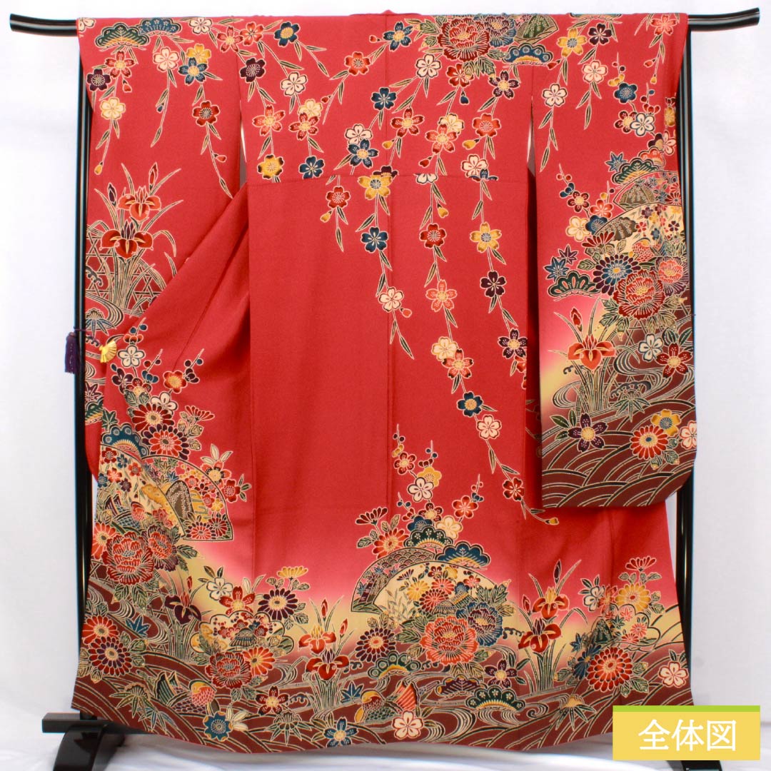 振袖 正絹 Sランク 身丈162.5cm 裄丈68cm 袷 紅絹色（もみいろ） 京紅型 吉祥文様 草花 扇面 流水 赤系 1113002672412