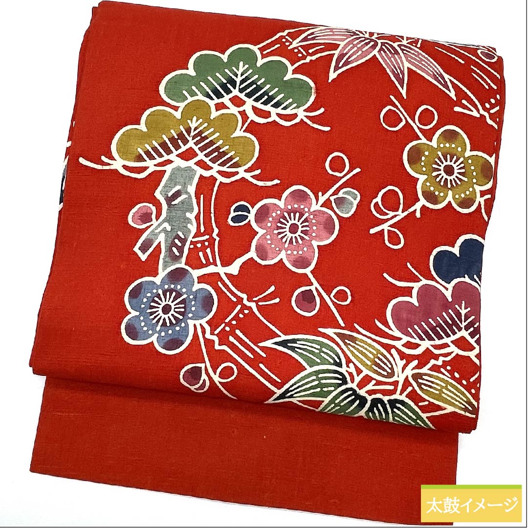 Nagoya obi, cinnabar color, Kyoto Bingata, classic pattern, pine, bamboo, plum, obi length 365cm, pure silk, S rank, point pattern, casual, red, 1124005332312, Nagoya style