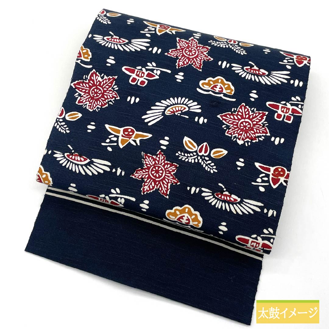 Nagoya obi, smoked color (fusubeiro), stencil-dyed, tsumugi fabric, folk art style, obi length 350cm, pure silk, S rank, full length, casual, navy blue, 1124006552318, Nagoya tailoring