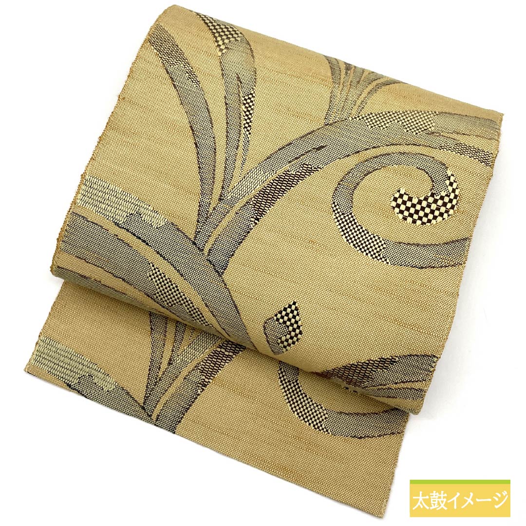 Nagoya obi, straw color, abstract pattern, obi length 361cm, polyester, S rank, six-pass, casual, yellow, 1124007562323, Nagoya style