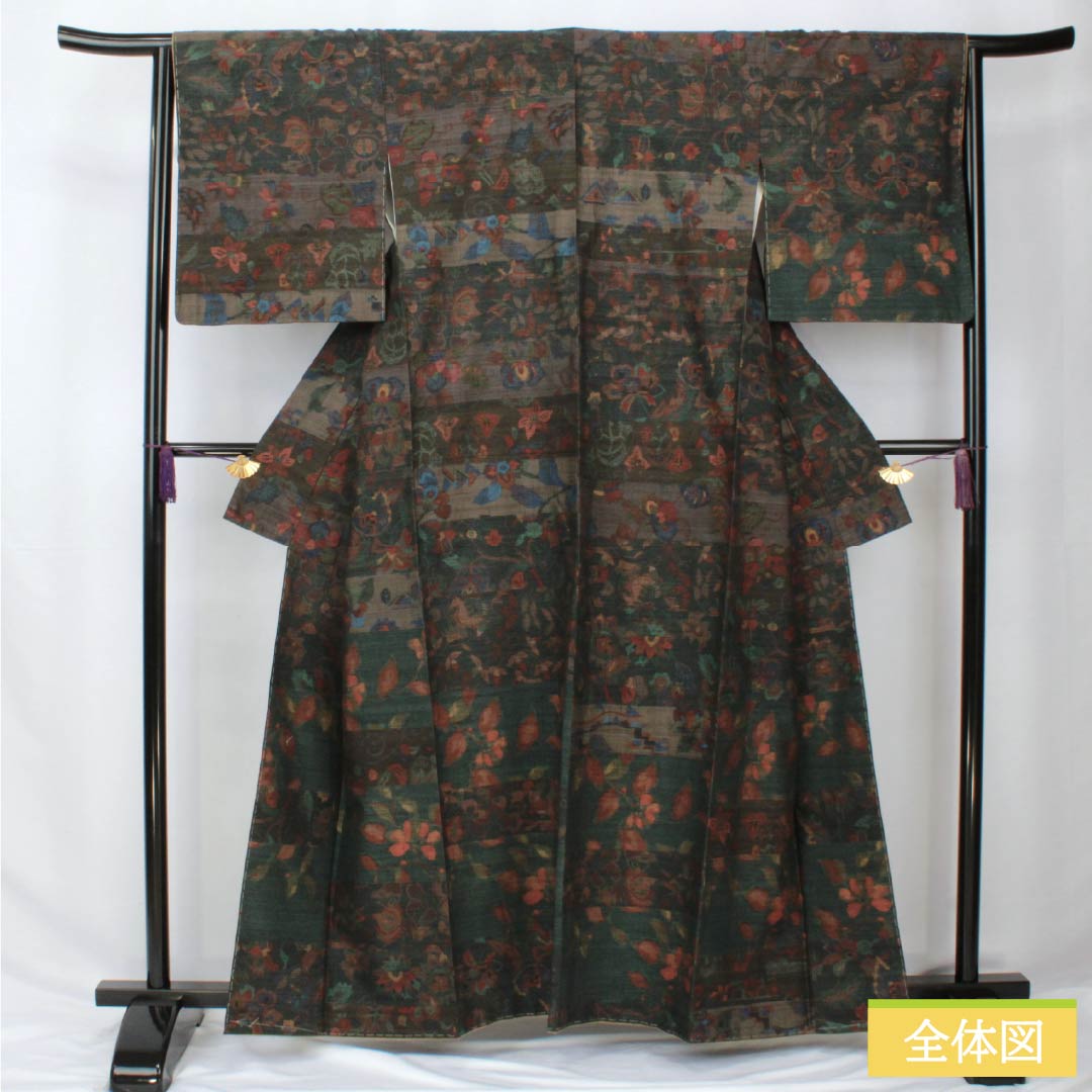 Pure silk tsumugi (pongee) with a horizontal stripe and abstract pattern, length 160.5cm, sleeve length 64cm, iron-colored, Ojiya tsumugi, grade A, lined, green, product number 1116003843419