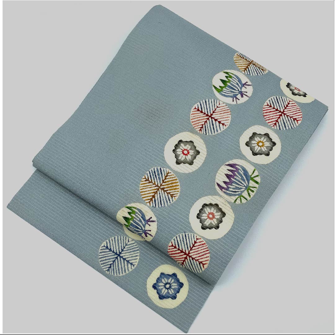 Nagoya obi, agarwood brown, summer obi, silk, floral pattern, dyed obi, obi length 378.5cm, pure silk, B rank, six-pass, casual, blue, 1124004294317, Nagoya style
