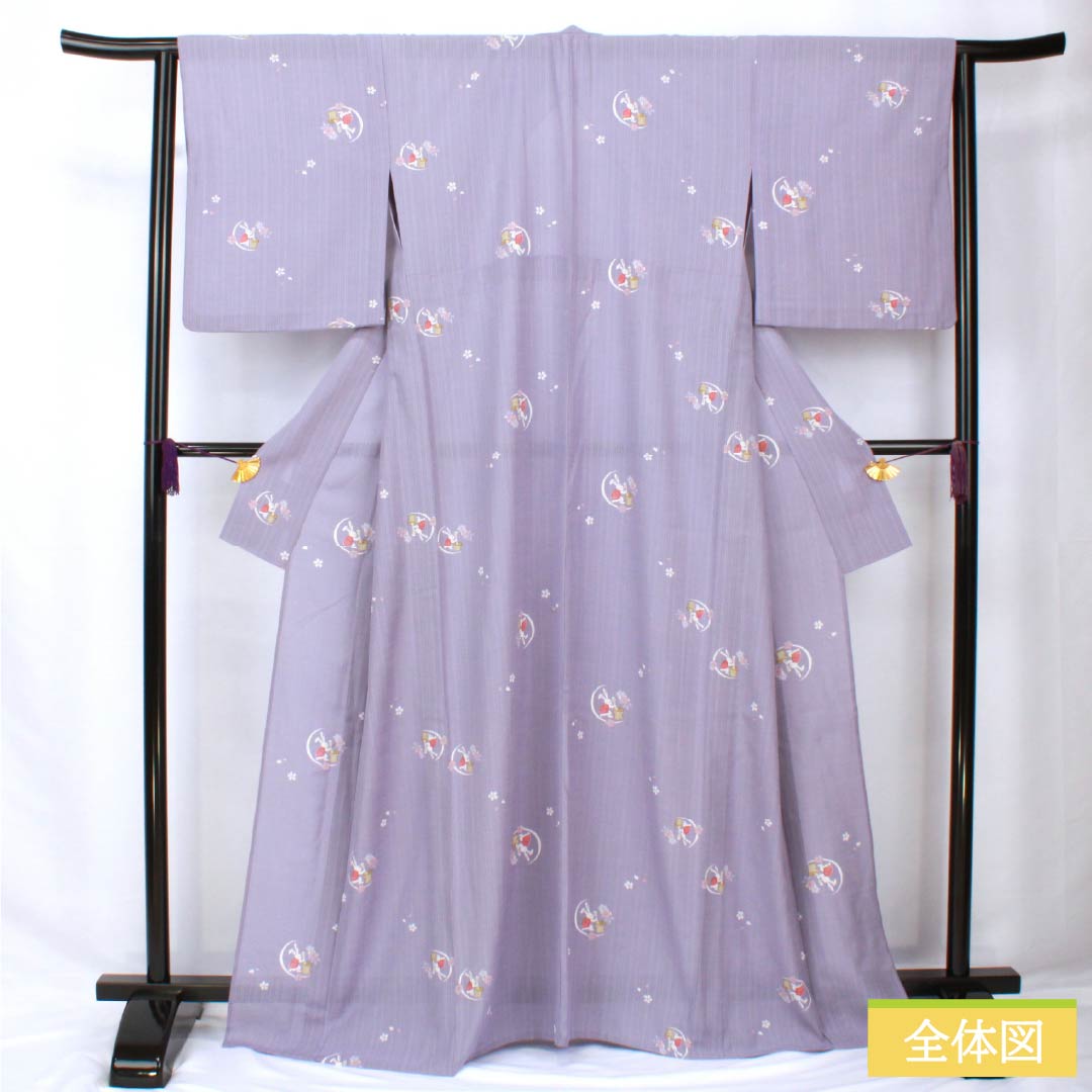 Summer kimono, polyester, small pattern, length 167cm, sleeve length 64.5cm, Beniminatoiro (beniminato-iro), moon-viewing rabbit, washable kimono, gauze, S rank, purple, 1132002172520