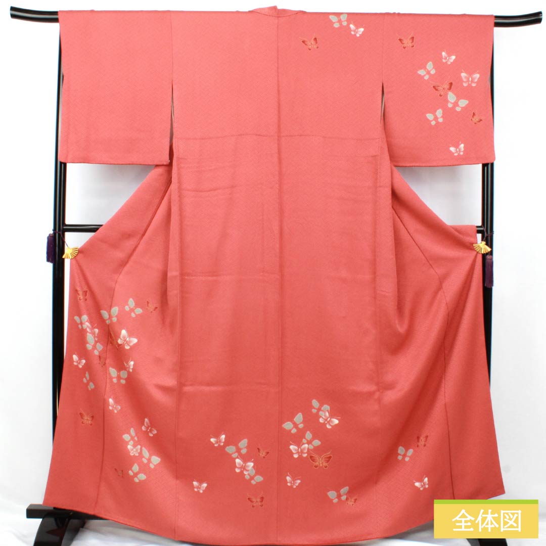 訪問着 正絹 Aランク 袷 身丈164cm 裄丈64.5cm 甚三紅色（じんざもみいろ） 京友禅 金駒刺繡 銀駒刺繍 絞り 蝶 赤系 1112007393412
