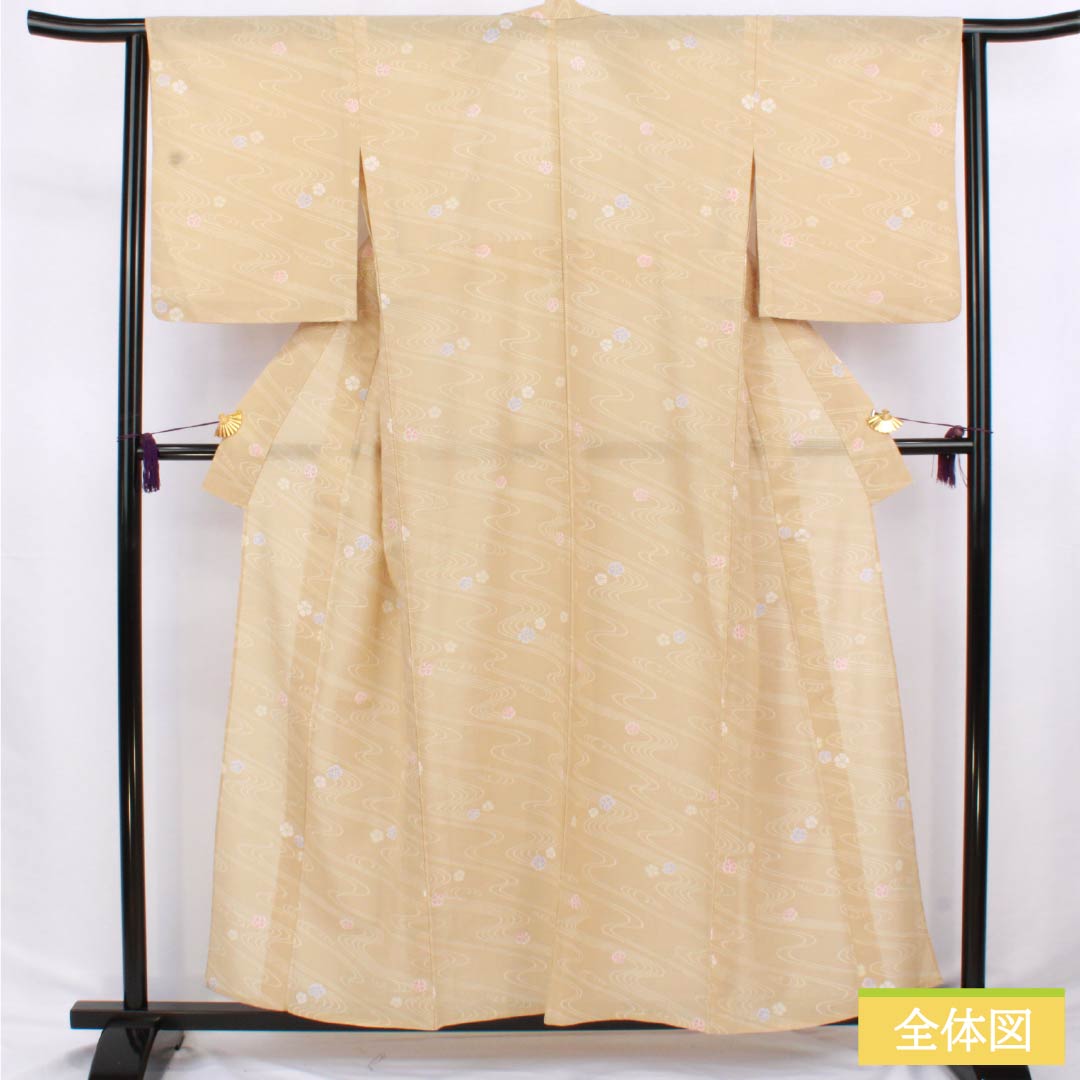 Summer kimono, polyester, small pattern, length 158cm, sleeve length 64cm, mulberry white-brown (kuwairo shirachairo) with flowing water and poppy motifs, washable, gauze, beige, S rank, product number 1132002602325