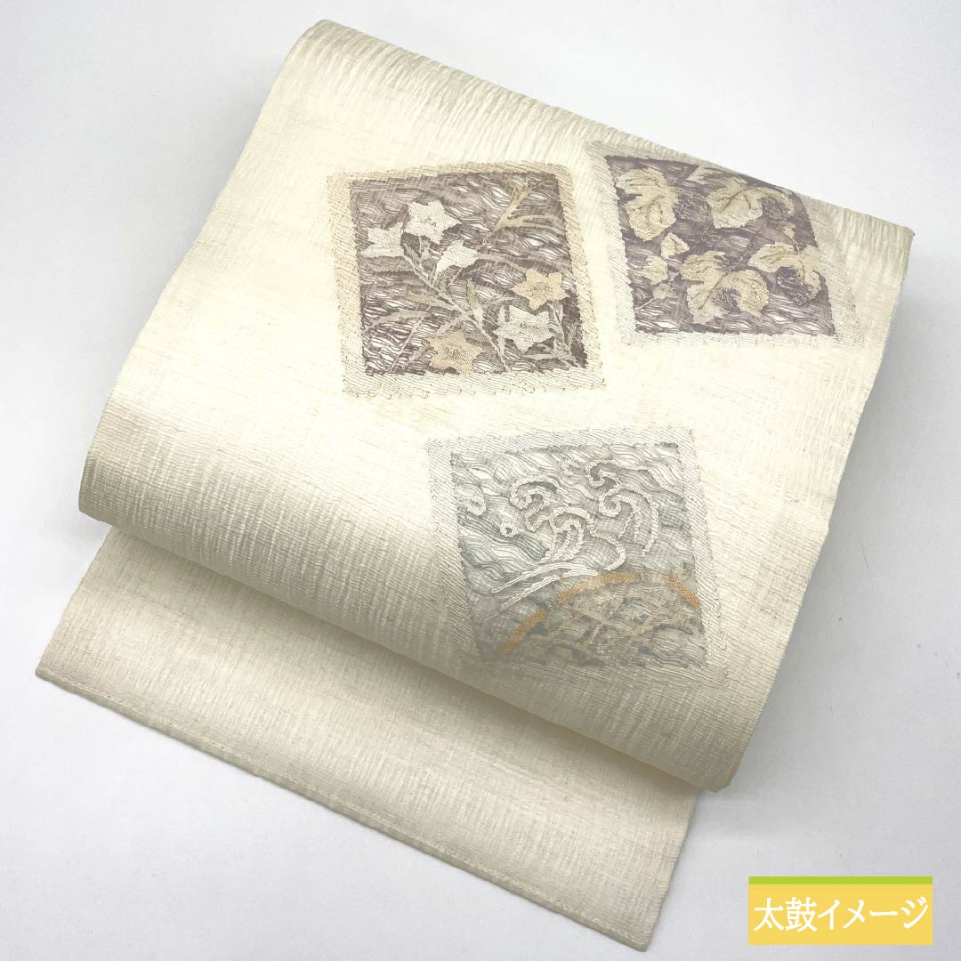 Nagoya obi, pure silk, chalk color, scoop weave, colored paper, bellflower, summer obi, obi length 369cm, S rank, point pattern, semi-formal, white, 1124006812311, Nagoya style