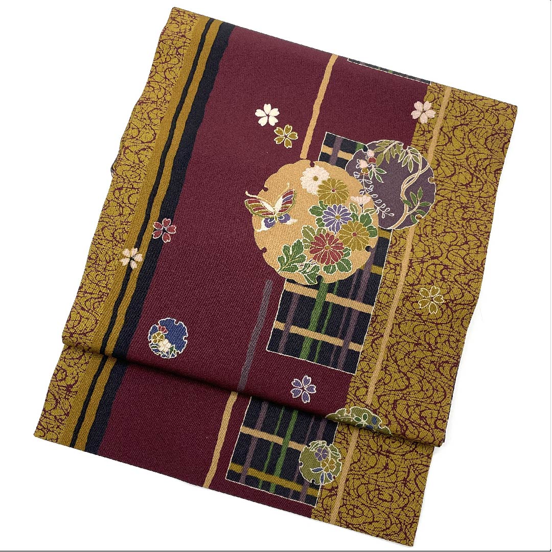 Nagoya obi, rosewood color, classic pattern, snowflake, butterfly, floral pattern, obi length 377cm, polyester, S rank, full length, casual, purple, 1124005052320, Nagoya style