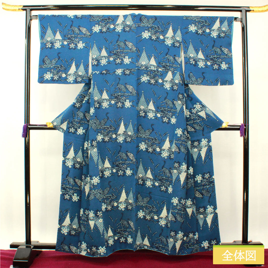 Komon, pure silk, length 158.5cm, sleeve length 65cm, lined, navy blue bellflower color, Kyoto Bingata, swan, cherry blossom, flowing water, S rank, navy blue, 1115004182318