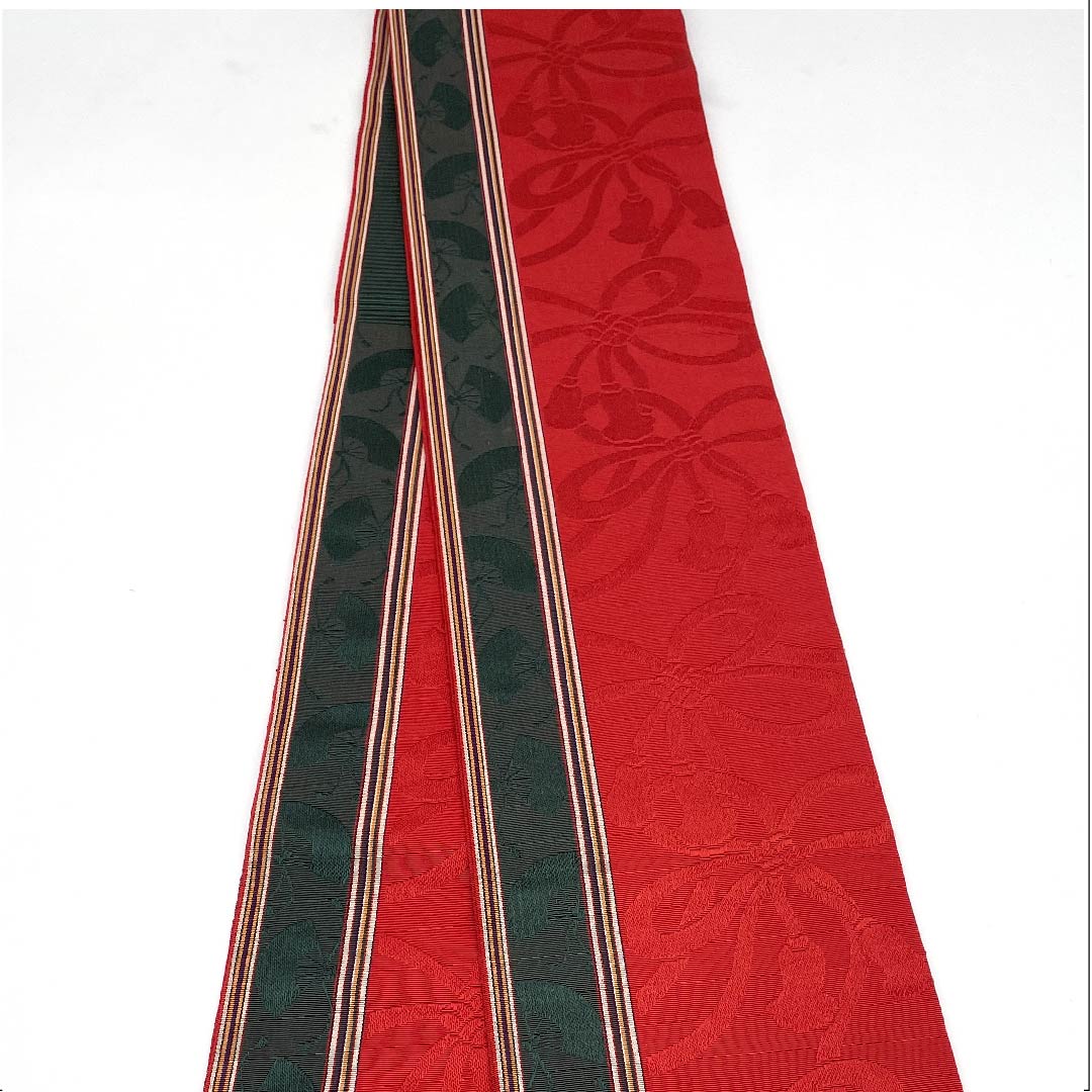 Half-width obi, pure silk, obi length 342cm, crimson red, fan-shaped, binding cord, Hakata-ori, red, S rank, 1125001382312
