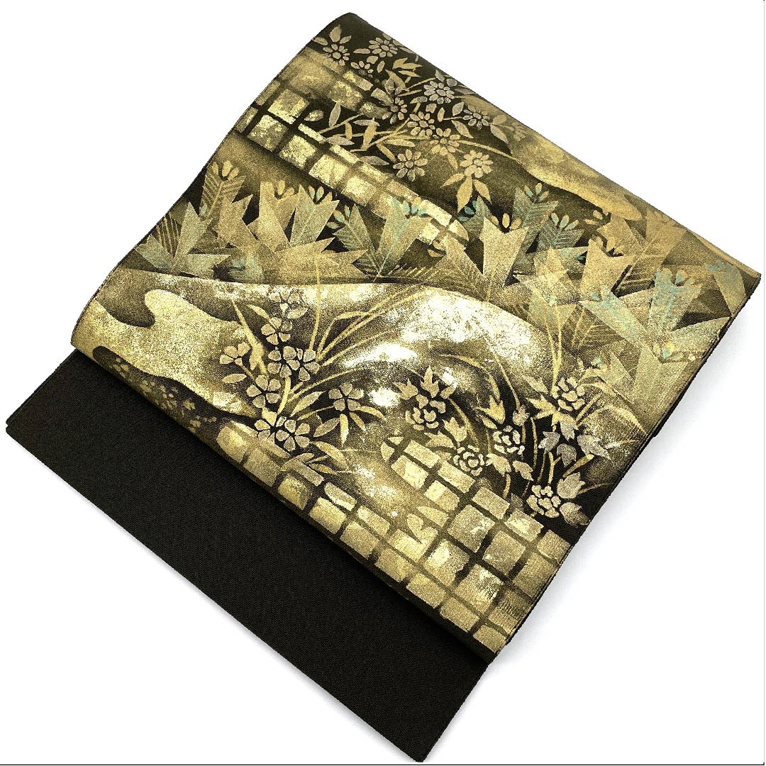 Nagoya obi, black oak color, floral pattern, artist's work, obi length 366cm, pure silk, A rank, point pattern, semi-formal, green, 1124003813319, open style