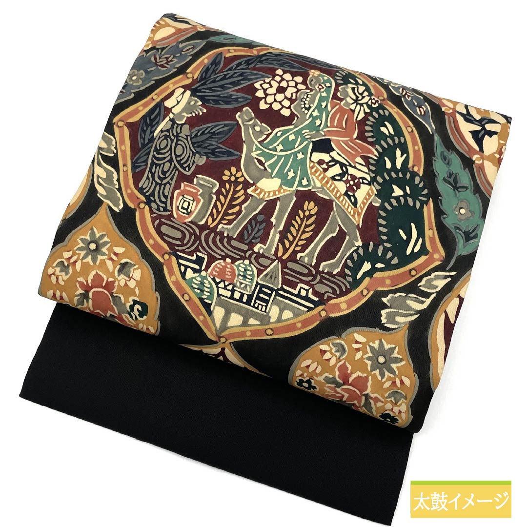 Nagoya obi, stencil-dyed, chintz pattern, obi length 360cm, pure silk, S rank, six-pass, casual, black, 1124006682310, Nagoya-made