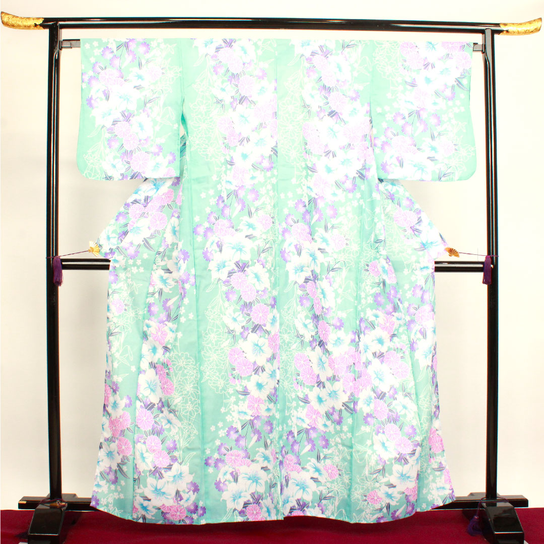 浴衣 水浅葱色 草花模様 ポリエステル Sランク 単衣 身丈162.5cm 裄丈66.5cm 水色系 1118001542424