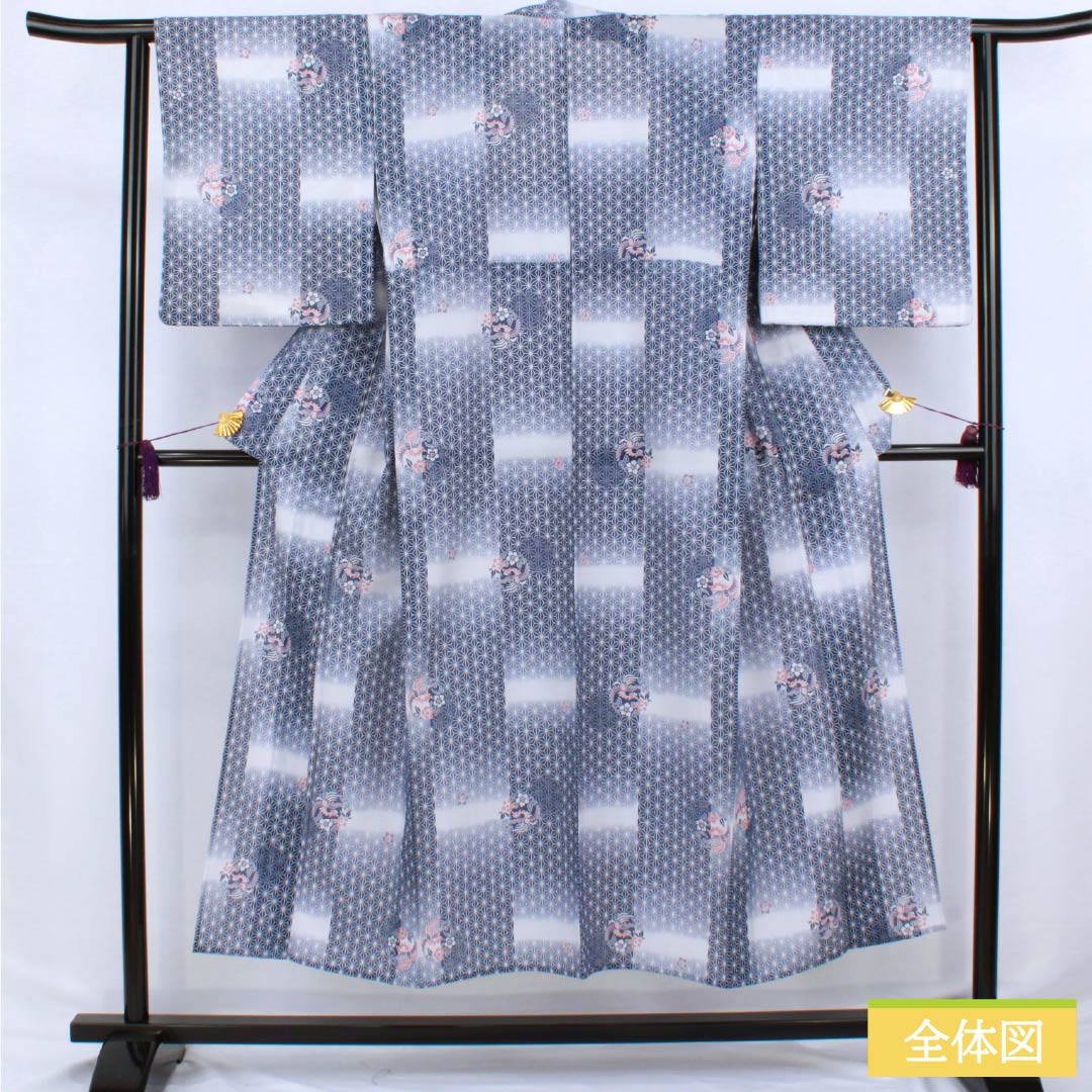 Summer kimono, polyester, small pattern, length 149cm, sleeve length 62cm, iron grape color (tebutsubudouiro), hemp leaf pattern, classic, washable, ro, rank A, navy blue, product number 1132002633118